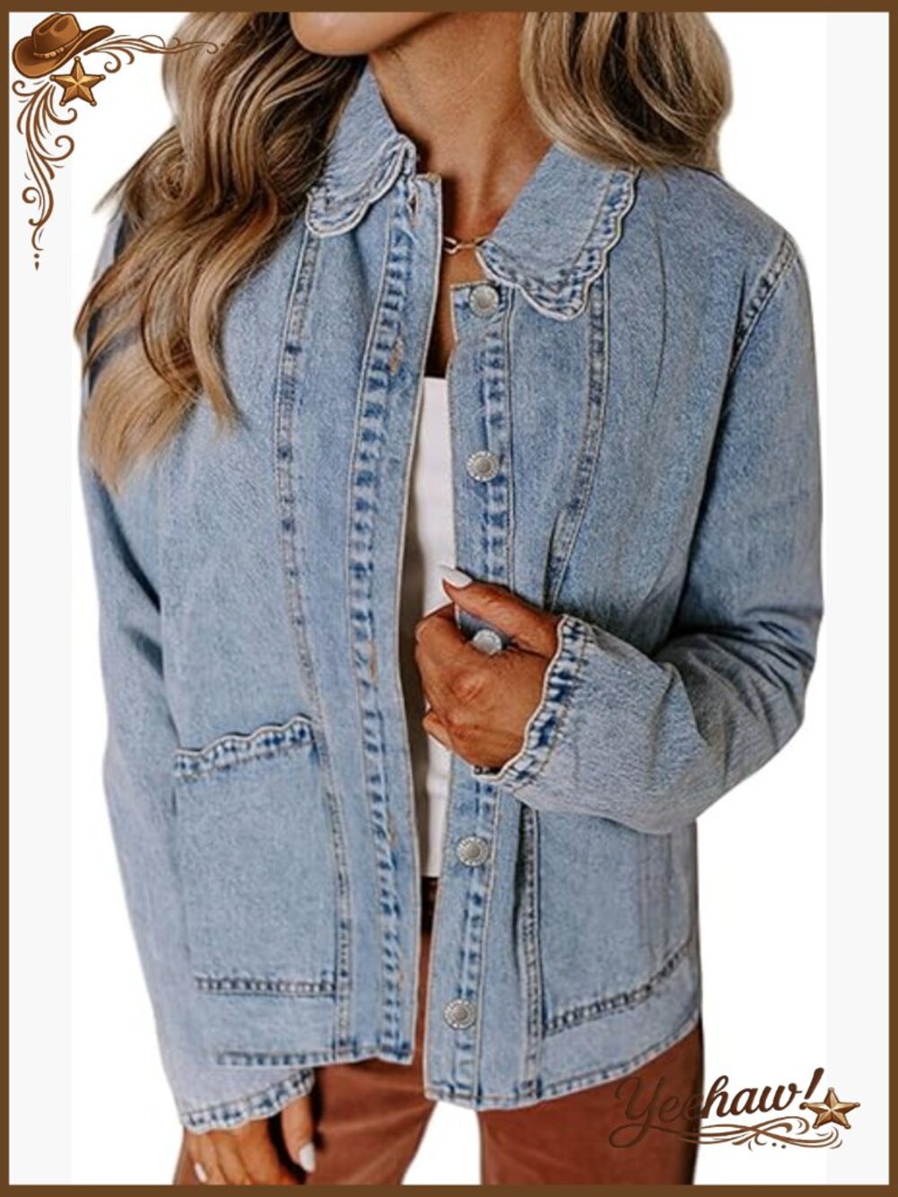 Long Sleeve Ruffled Button Down Denim Jacket Shacket